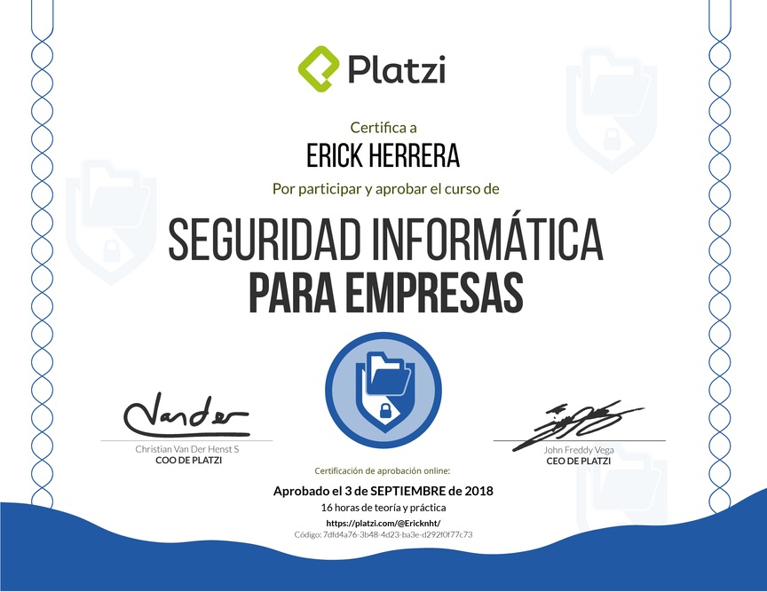 Diploma del Curso de Seguridad Informática para Empresas 2018