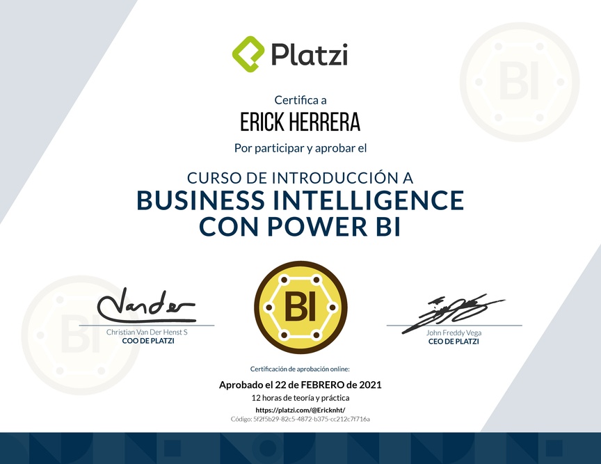 Diploma del Curso de Introducción a Business Intelligence con Power BI