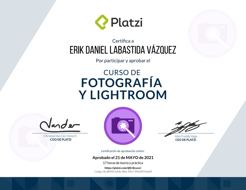 Diploma del Curso de Fotografía y Lightroom 2017