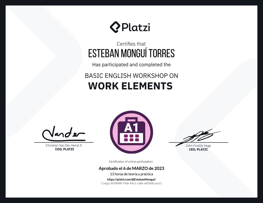 Diploma del Curso de Inglés Práctico sobre Elementos de Trabajo