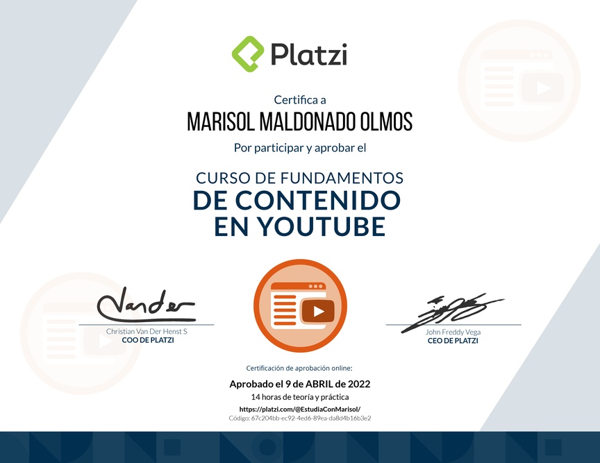Diploma del Curso de Fundamentos de Contenido de YouTube
