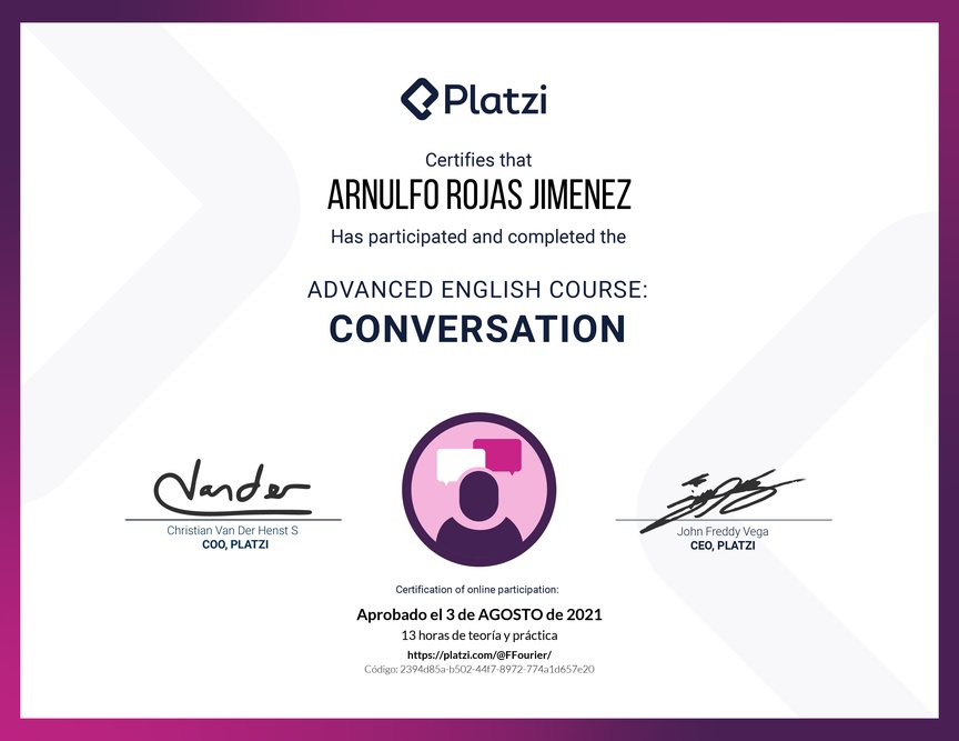 Diploma del Curso de Inglés Avanzado: Conversación 2020