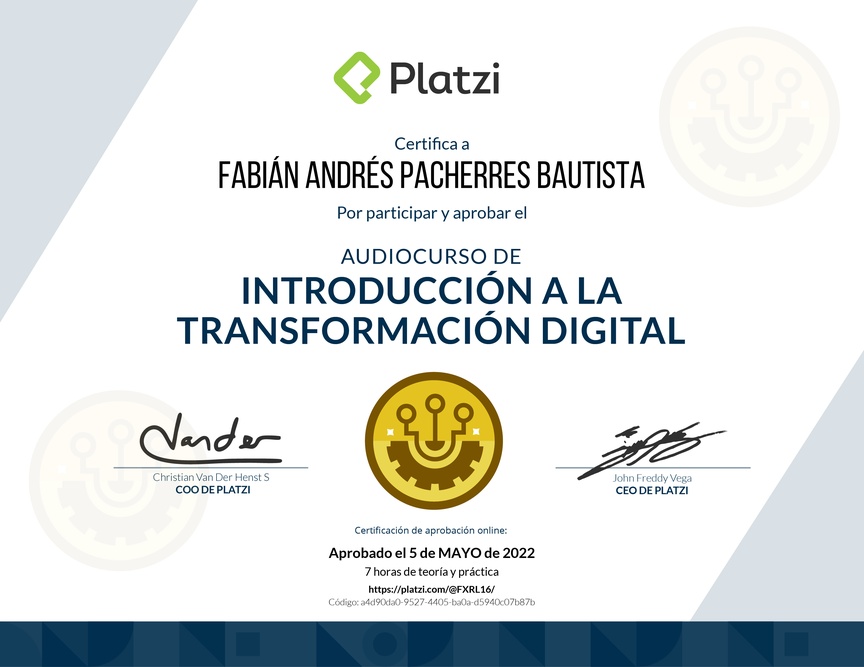 Diploma de Audiocurso de Transformacion Digital Inicial para Comprender, Identificar y Hacer Crecer tu Empresa