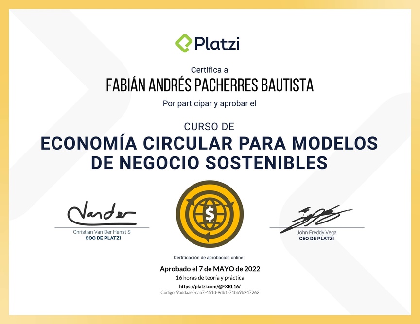 Diploma del Curso de Economía Circular para Modelos de Negocio Sostenibles