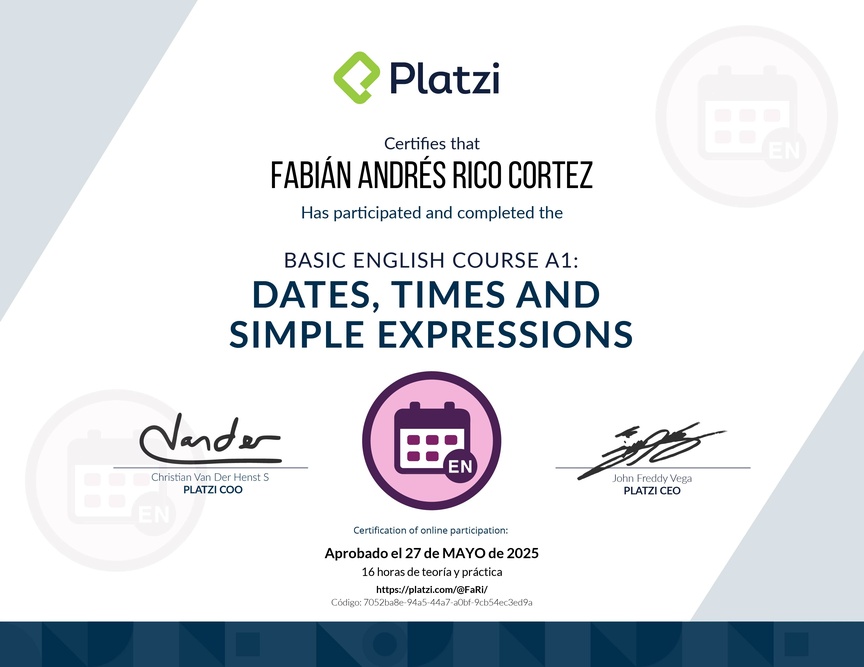 Diploma del Curso de Inglés Básico A1: Fechas, Horas y Expresiones Simples
