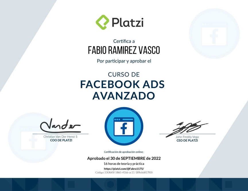 Diploma del Curso de Facebook Ads Avanzado