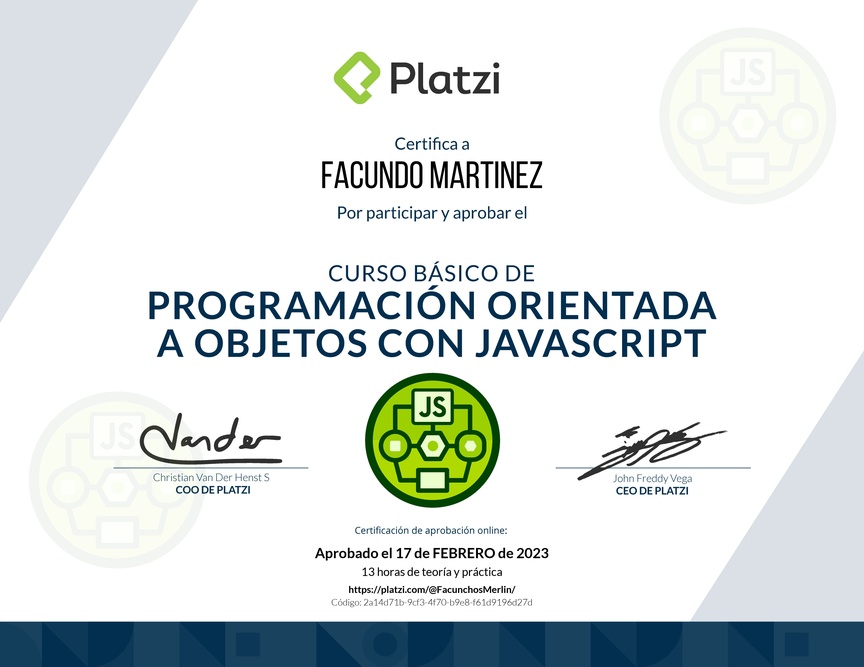 Diploma del Curso Básico de Programación Orientada a Objetos con JavaScript