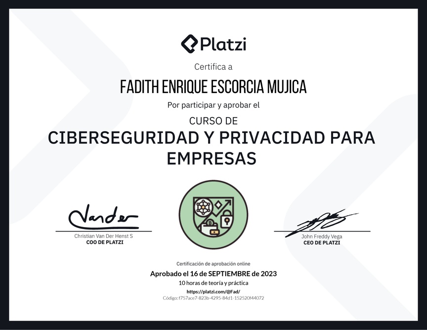 Diploma del Curso de Ciberseguridad y Privacidad Empresarial (2023)
