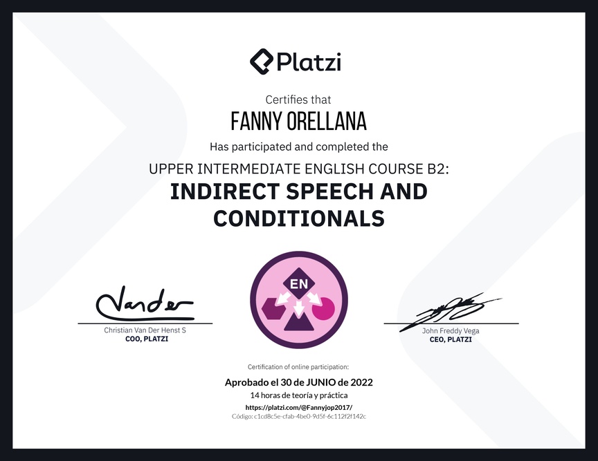 Diploma del Curso de Inglés Intermedio Alto B2: Discurso Indirecto y Condicionales