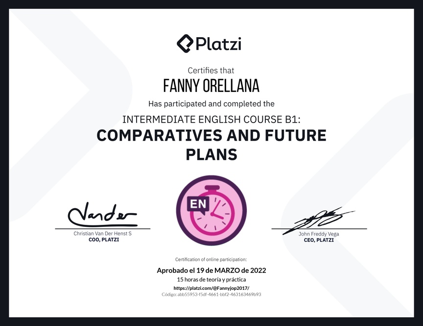 Diploma del Curso de Inglés Intermedio B1: Comparativos y Planes Futuros