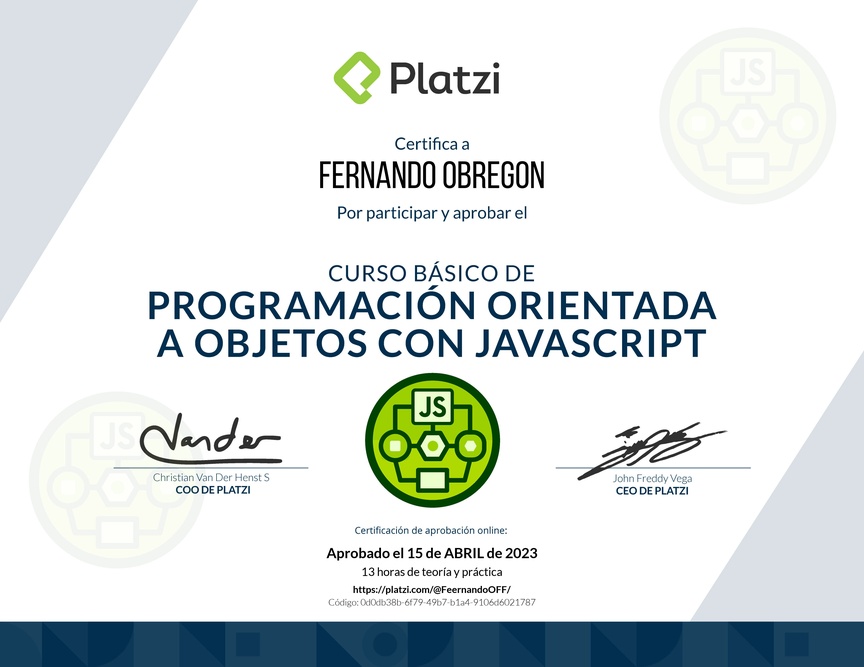 Diploma del Curso Básico de Programación Orientada a Objetos con JavaScript