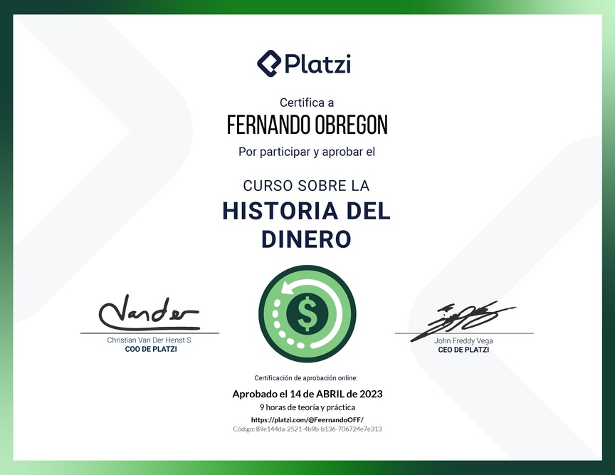 Diploma del Curso Sobre la Historia del Dinero