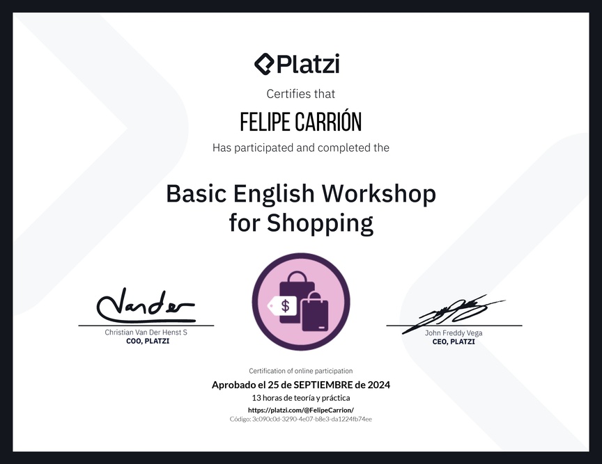 Diploma del Curso de Inglés Práctico para Compras