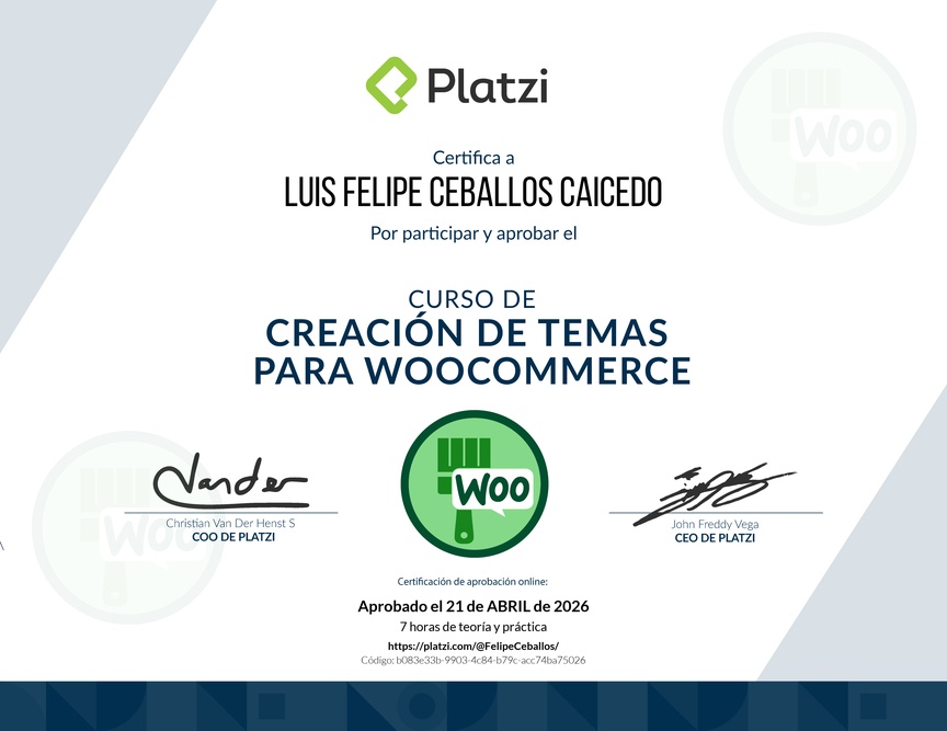 Diploma del Curso de Creación de Temas para WooCommerce