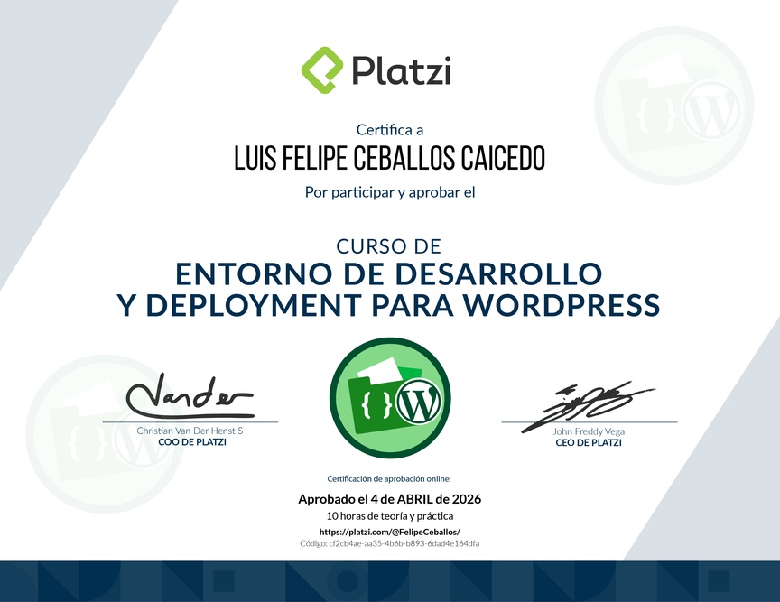 Diploma del Curso de Entornos de Desarrollo y Deployment en WordPress