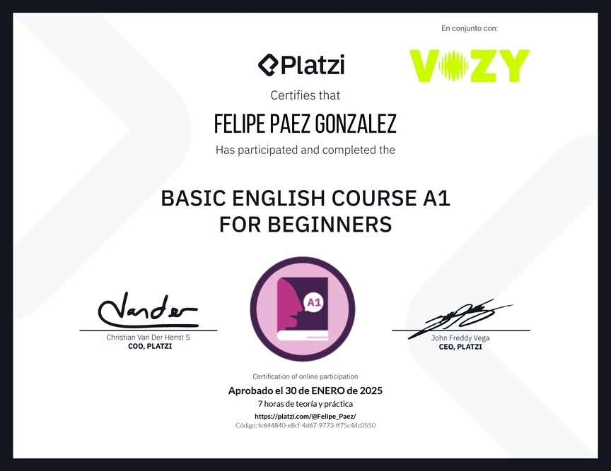 Diploma del Curso de Inglés Básico A1 para Principiantes