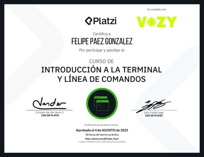 Diploma del Curso de Introducción a la Terminal y Línea de Comandos