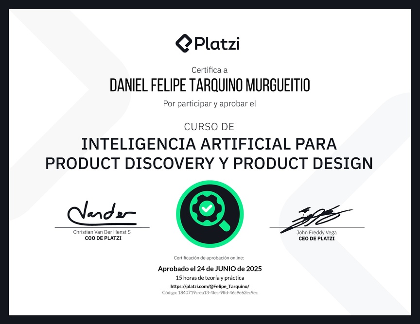 Diploma del Curso de Inteligencia Artificial para Product Discovery y Product Design: Herramientas y Técnicas