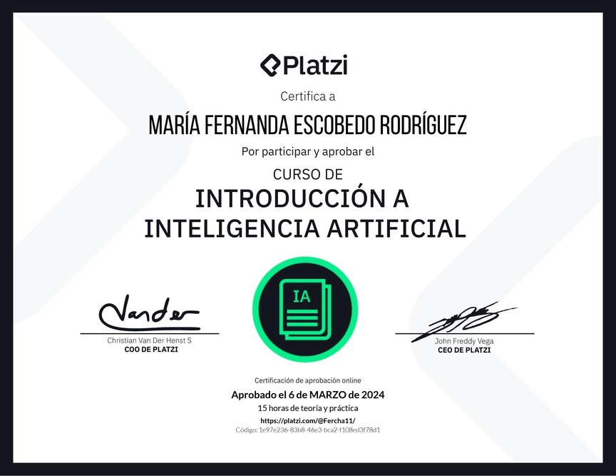Diploma del Curso de Introducción a Inteligencia Artificial (2023)
