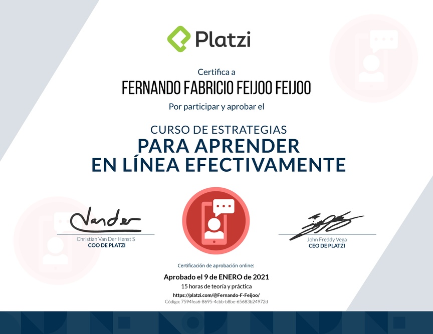 Diploma del Curso de Estrategias para Aprender en Línea Efectivamente 2019