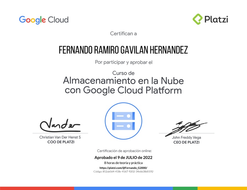 Diploma del Curso de Almacenamiento en la Nube con Google Cloud Platform
