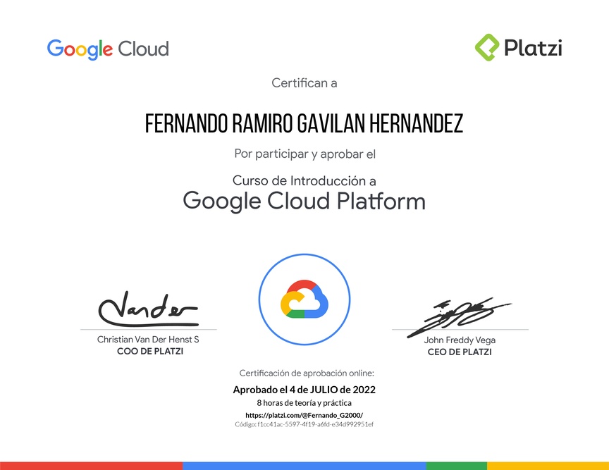 Diploma del Curso de Introducción a Google Cloud Platform