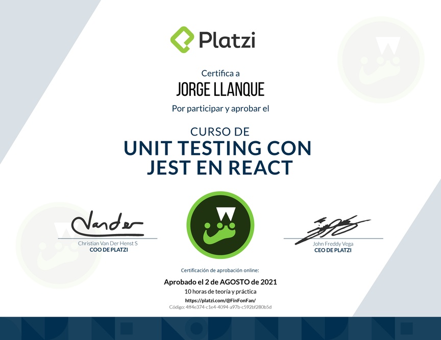 Diploma del Curso de Unit Testing con Jest en React