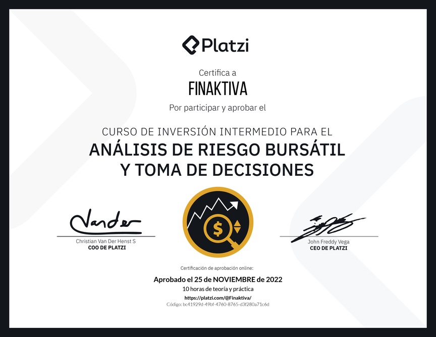 Diploma del Curso de Inversión Intermedio para el Análisis de Riesgo Bursátil y Toma de Decisiones