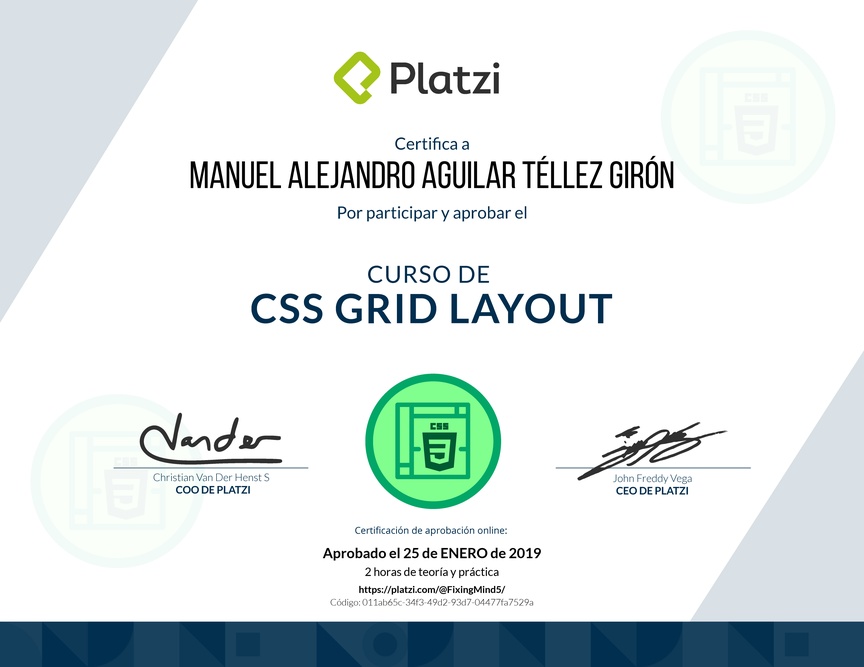 Diploma del Curso de CSS Grid Layout 2017