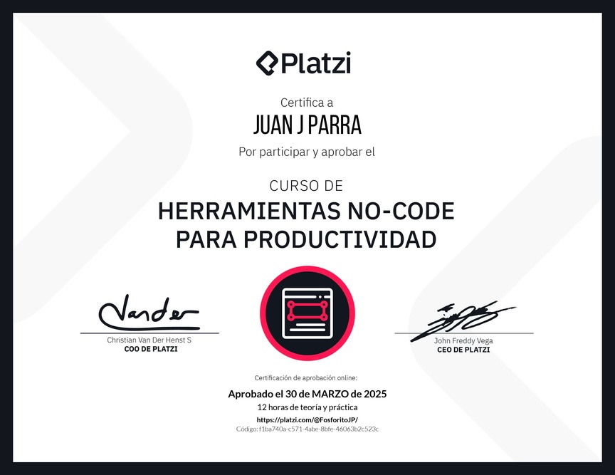 Diploma del Curso de Herramientas No-Code para la Productividad