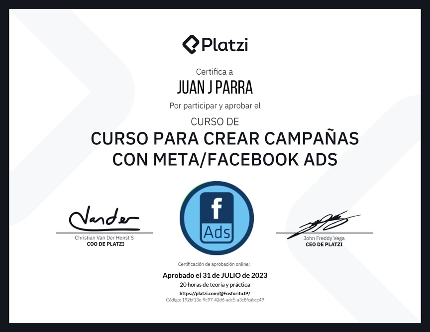 Diploma del Curso para Crear Campañas con Meta/Facebook Ads
