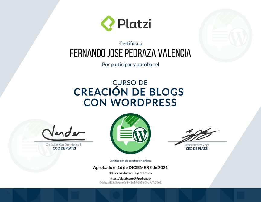 Diploma del Curso de Creación de Blogs con WordPress