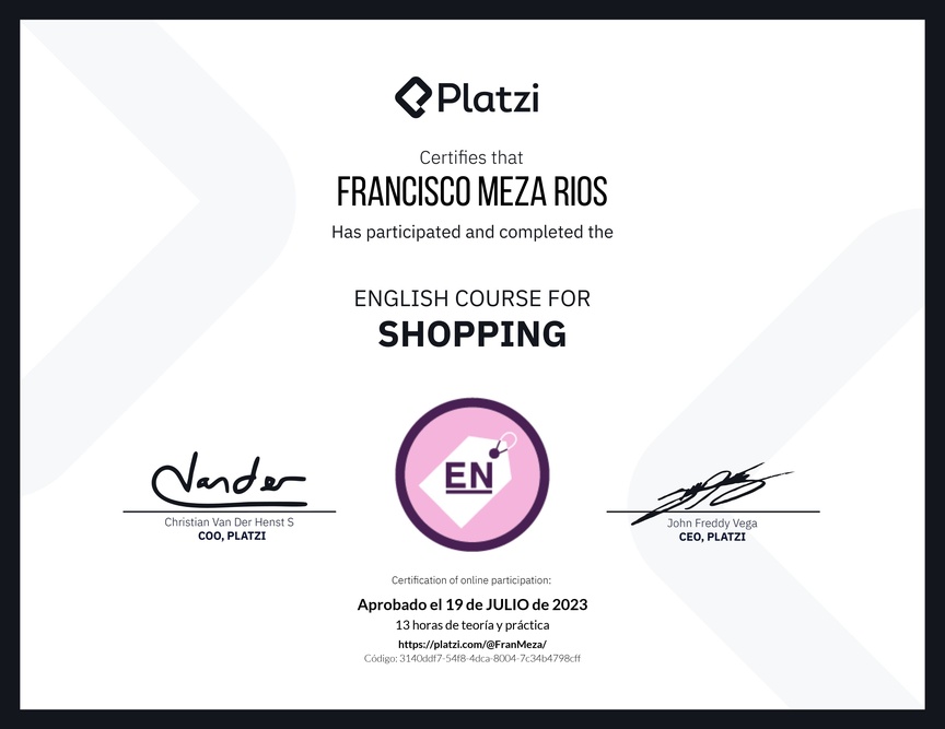 Diploma del Curso de Inglés para Compras (2020)