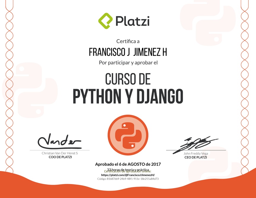 Diploma del Curso de Python y Django 2016