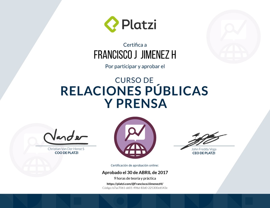 Diploma del Curso de Relaciones Públicas y Prensa 2016