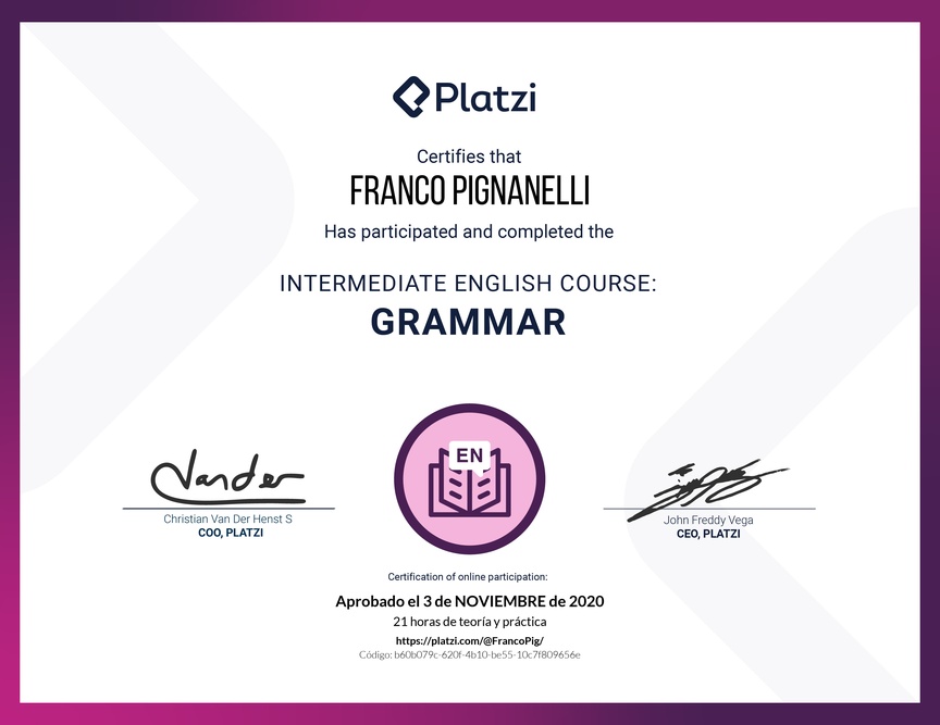 Diploma del Curso Intermedio de Gramática en Inglés (2020)