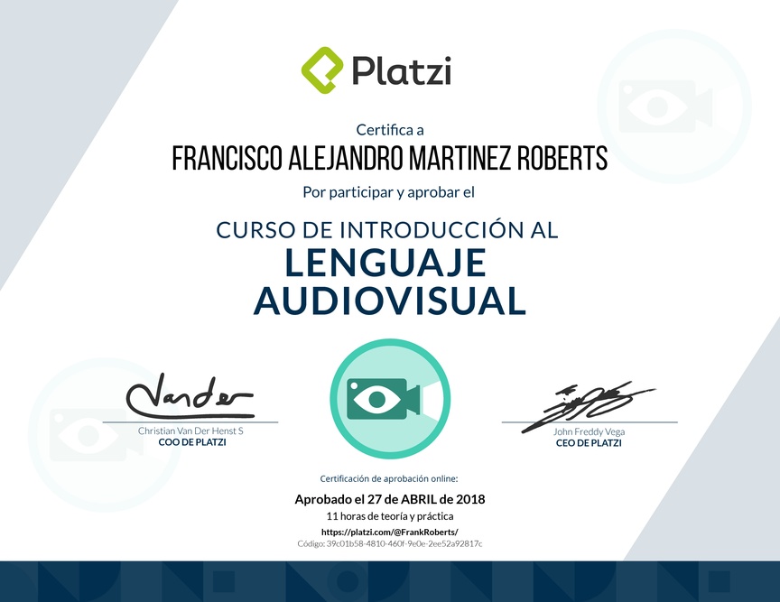 Diploma del Curso de Introducción al Lenguaje Audiovisual 2018