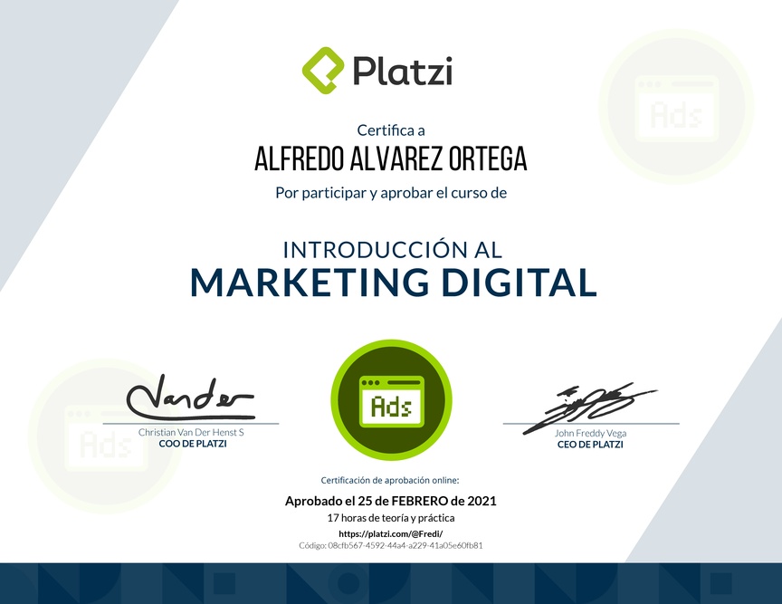 Diploma del Curso de Introducción al Marketing Digital (2018)