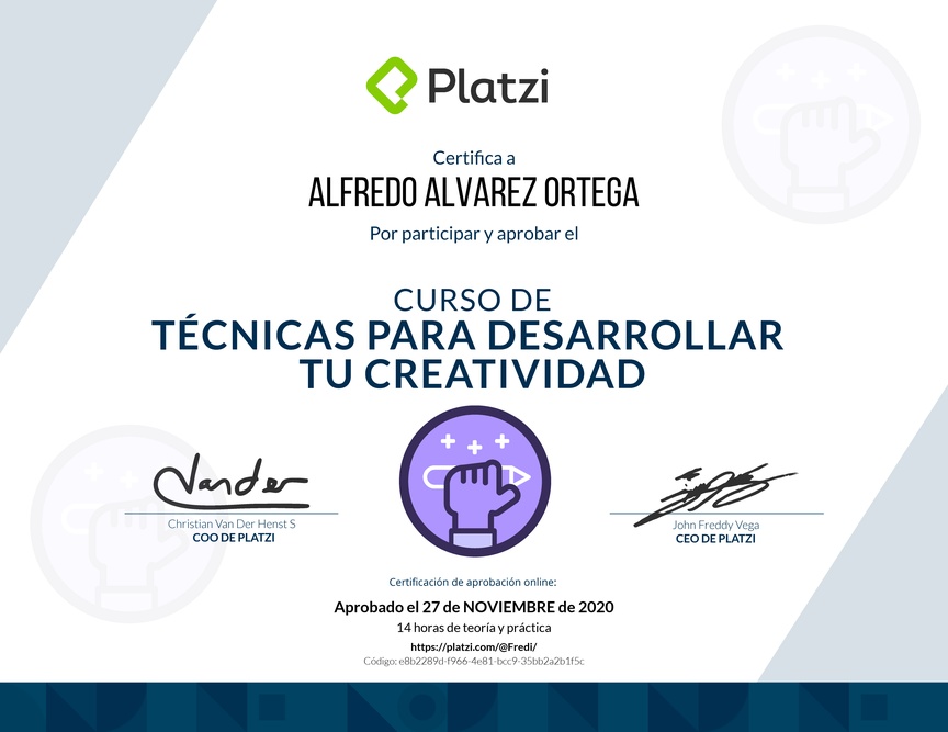 Diploma del Curso para Desarrollar tu Creatividad: Técnicas y Hábitos
