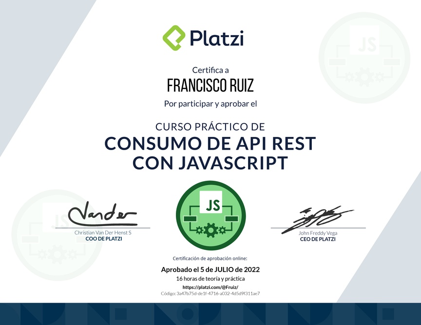 Diploma del Curso de API REST con Javascript: Ejemplos con APIs reales
