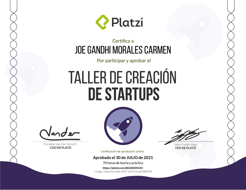 Diploma de Taller de creación de Startups 2019