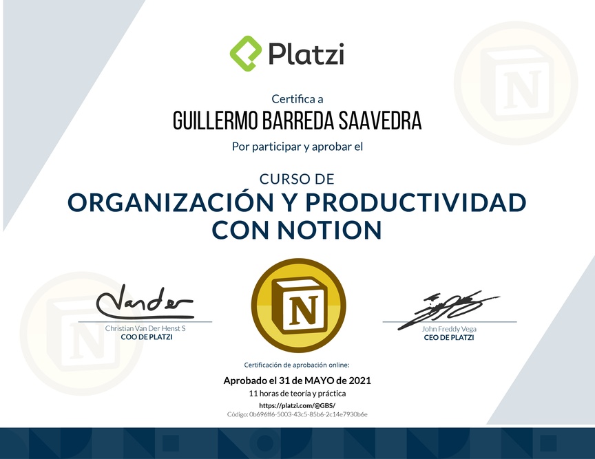 Diploma del Curso de Organización y Productividad con Notion (2021)