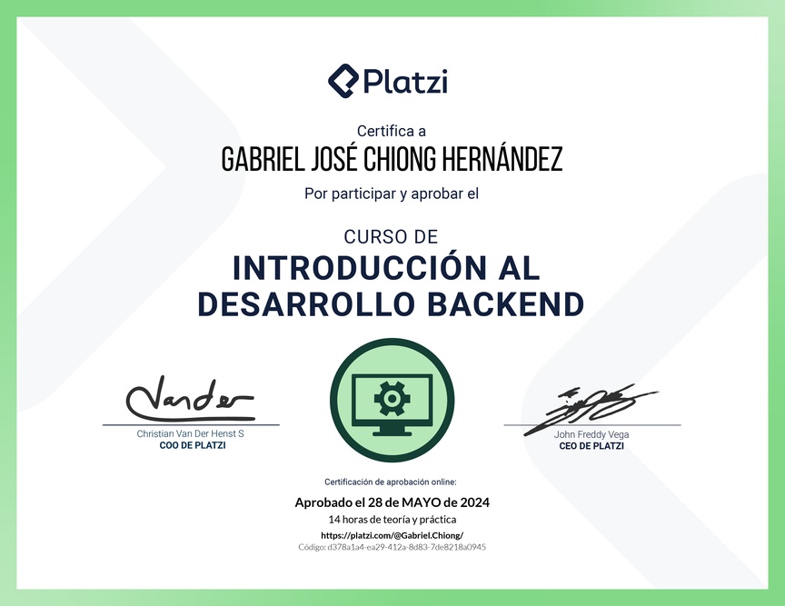 Diploma del Curso de Introducción al Desarrollo Backend