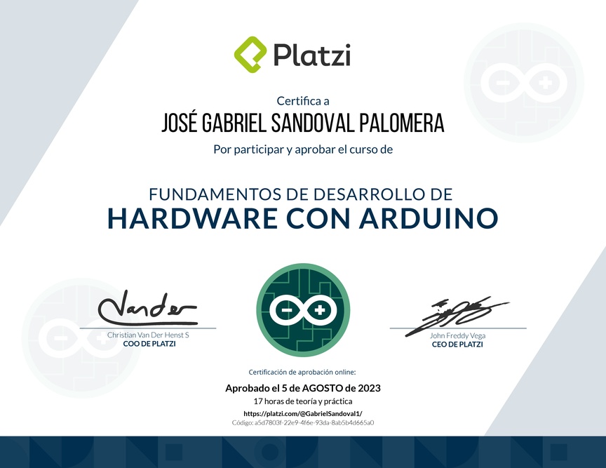 Diploma del Curso Fundamentos de Desarrollo de Hardware con Arduino