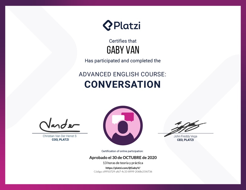 Diploma del Curso de Inglés Avanzado: Conversación 2020