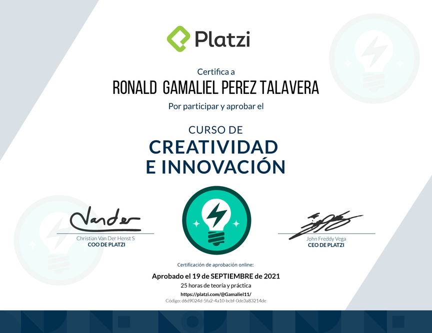 Diploma del Curso de Creatividad e Innovación