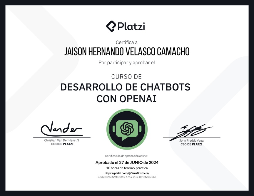 Diploma del Curso de Desarrollo de Chatbots con OpenAI
