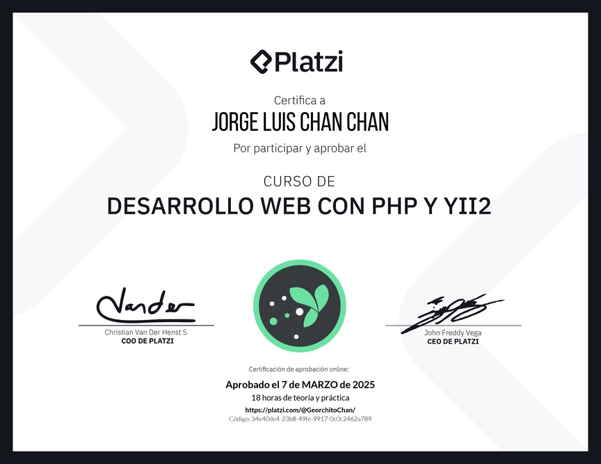 Diploma del Curso de Desarrollo Web con PHP y Yii2