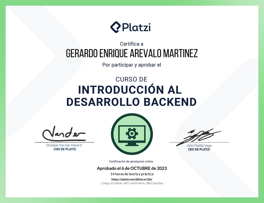 Diploma del Curso de Introducción al Desarrollo Backend