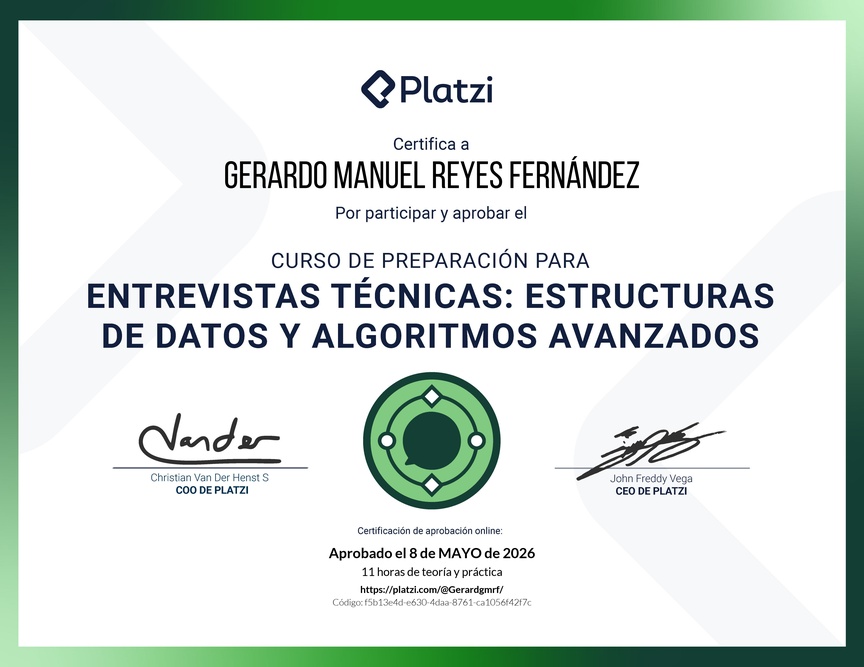 Diploma del Curso de Entrevistas Técnicas: Estructuras de Datos y Algoritmos Avanzados